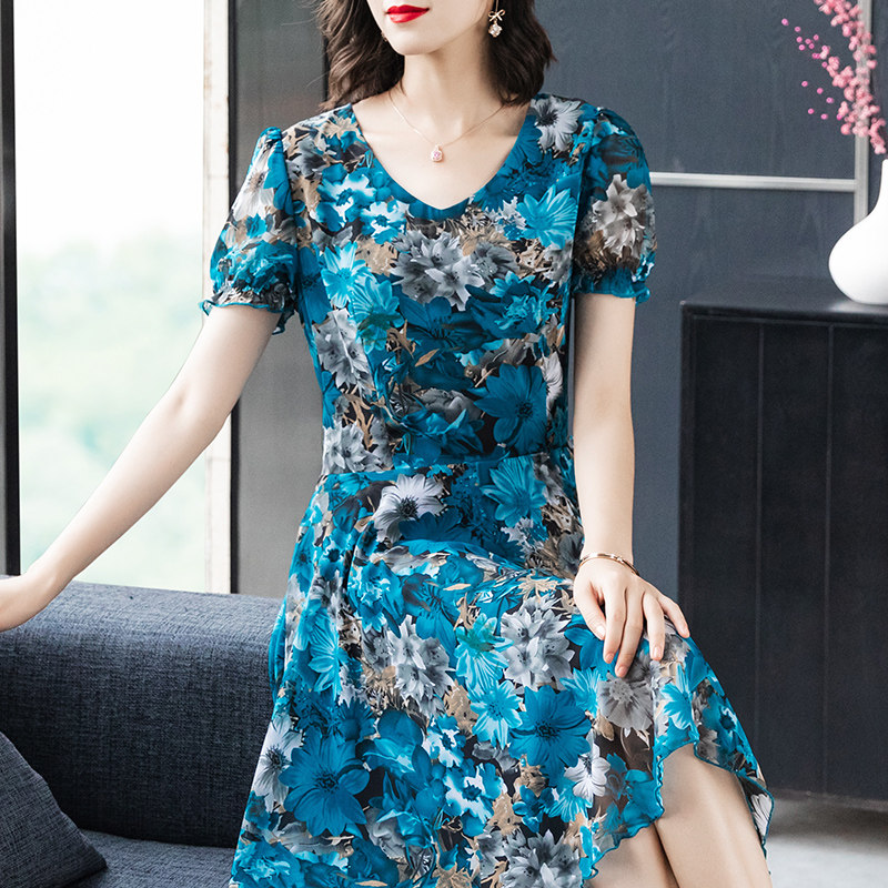 パーティードレス 花柄刺繍パフスリーブ裾広がりワンピース