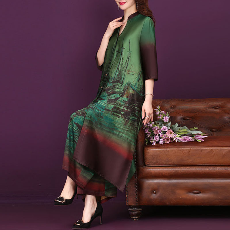 パーティードレス 東洋風景画プリント五分袖ロング丈ワンピース