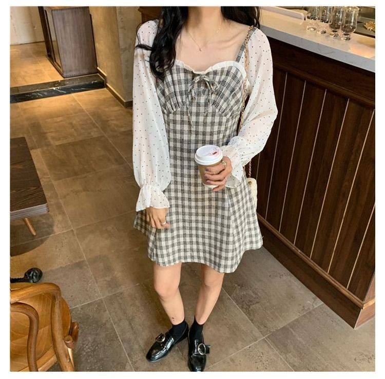 パーティードレス 格子柄ビスチェ風シアー袖切替ワンピース