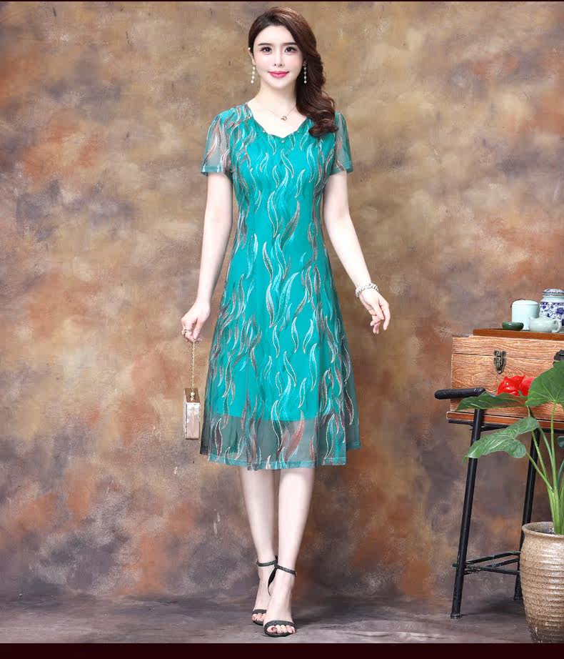 パーティードレス 波模様シフォン重ね襟付き半袖膝丈ワンピース