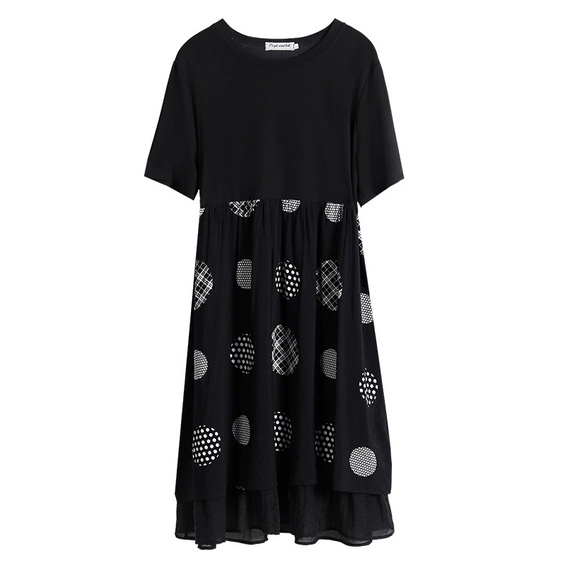 パーティードレス 幾何学模様の二重裾デザイン半袖ワンピース