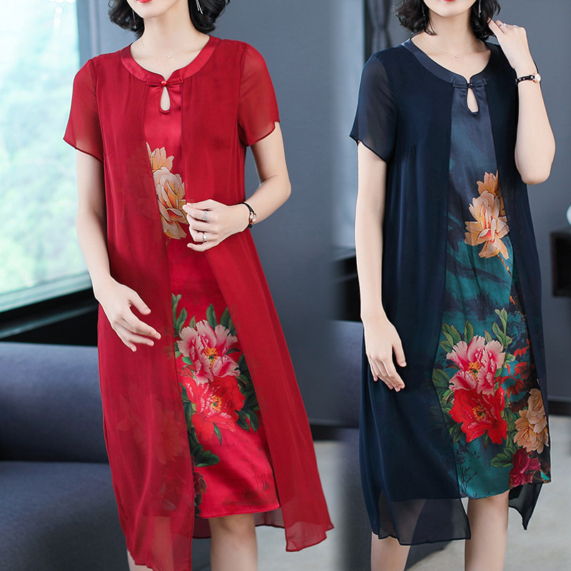 パーティードレス 大輪花柄シフォン切替半袖膝丈ワンピース