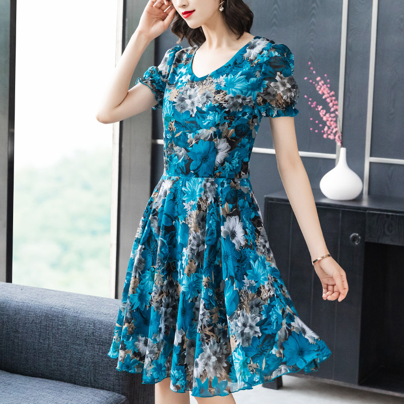 パーティードレス 花柄刺繍パフスリーブ裾広がりワンピース