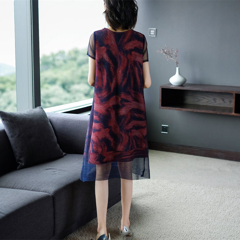 パーティードレス ビジュー襟シフォン半袖ミディ丈ワンピース