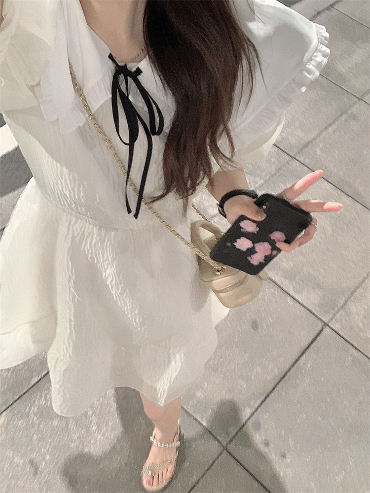 パーティードレス フリル袖リボン付き膝丈エアリーワンピース