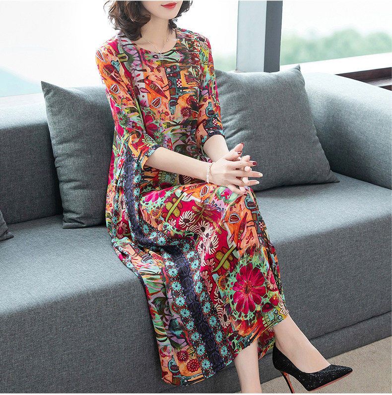 パーティードレス 華やかな花柄プリント七分袖ロング丈ワンピース