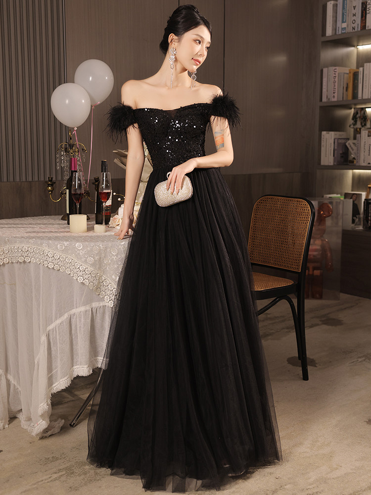 パーティードレス 羽根付きオフショルダースパンコール刺繍チュールワンピース