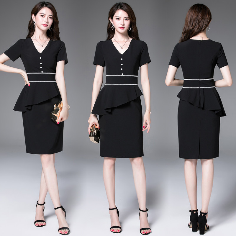 パーティードレス ペプラム切替ブイネック半袖ワンピースセットアップ