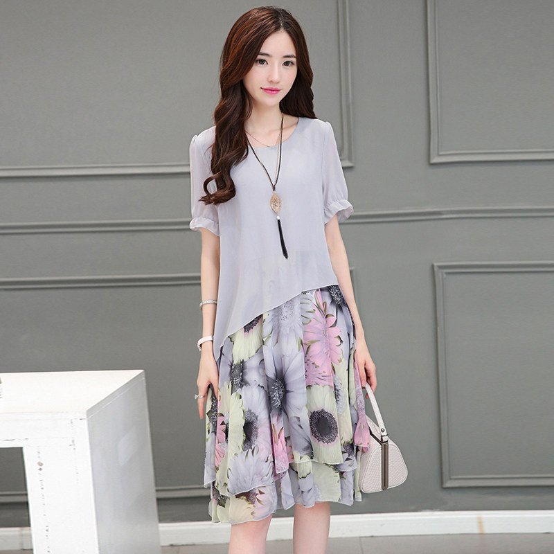 パーティードレス 花柄切替レイヤード風半袖ワンピース