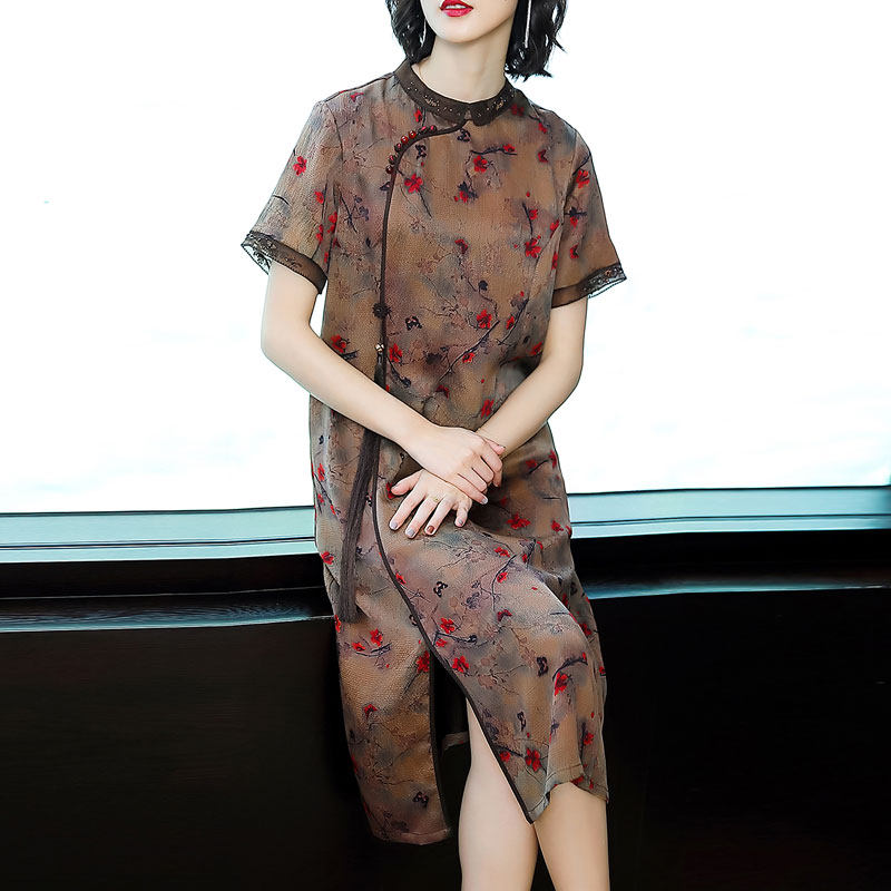 パーティードレス 花柄刺繍シースルー半袖膝丈ワンピース