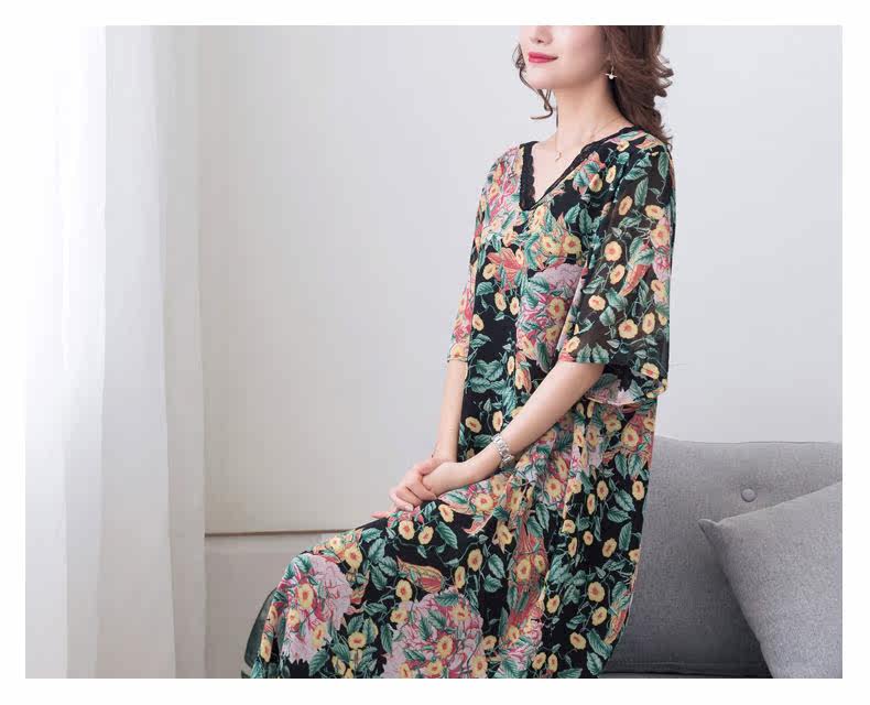 パーティードレス 花柄ボタニカル五分袖ゆったりロング丈ワンピース