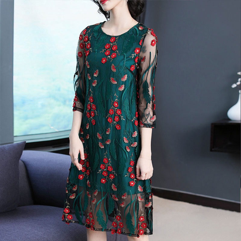 パーティードレス 花刺繍シースルー袖エレガントワンピース