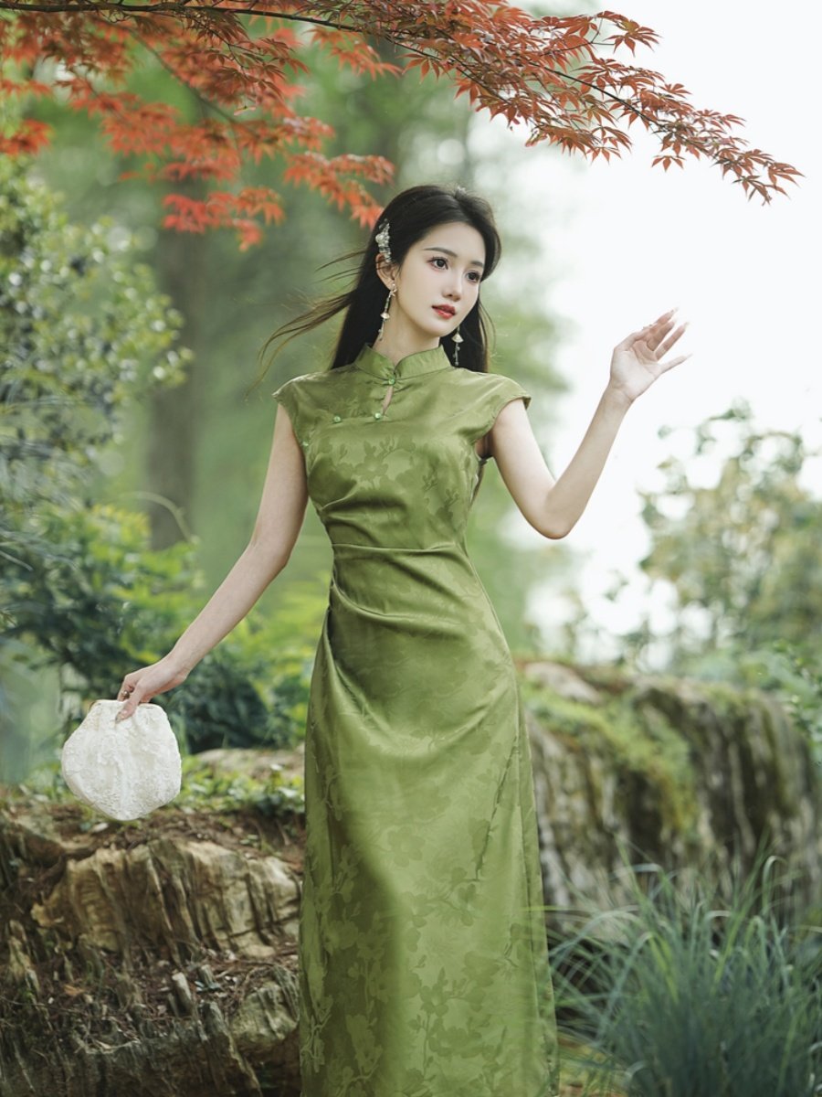 パーティードレス チャイナ風スタンドカラーノースリーブロング丈ワンピース