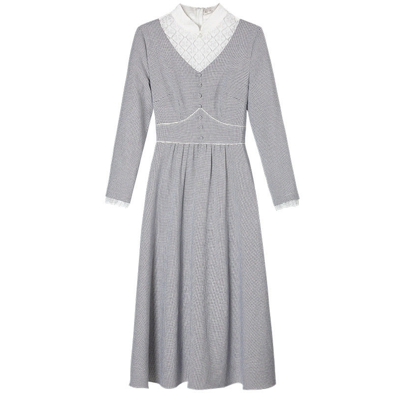 パーティードレス レース襟付きクラシカル長袖ミディ丈ワンピース