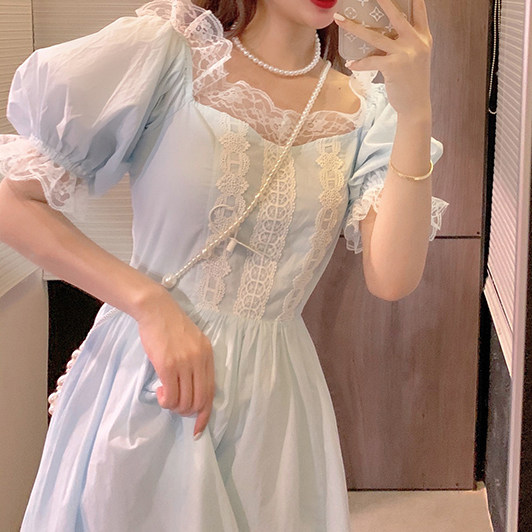 パーティードレス オフショルダーパフスリーブレース切替ワンピース