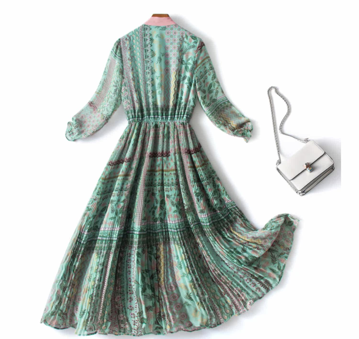 パーティードレス リボンタイ付きボタニカル柄プリーツロングワンピース