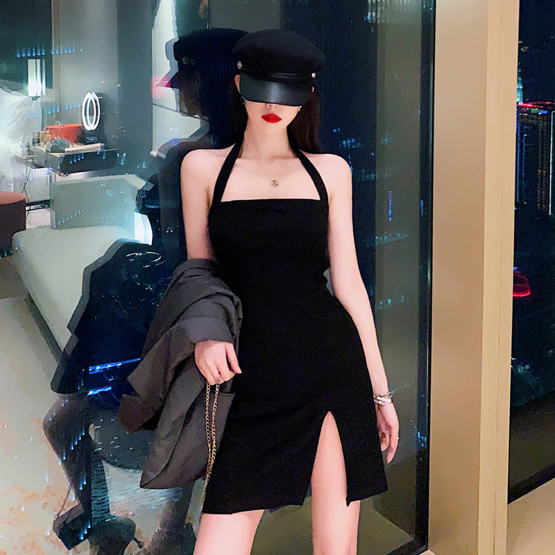 パーティードレス ホルターネックサイドスリット入りミニ丈ワンピース