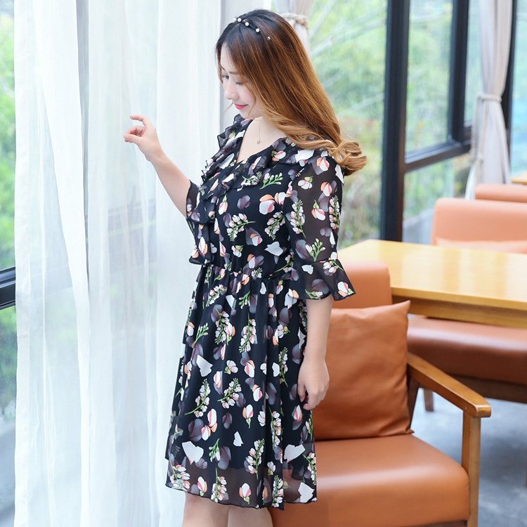 パーティードレス 花柄シフォンフリル袖ウエスト切替ワンピース