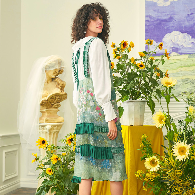 パーティードレス 花柄レース切替プリーツフリルベスト付きワンピース