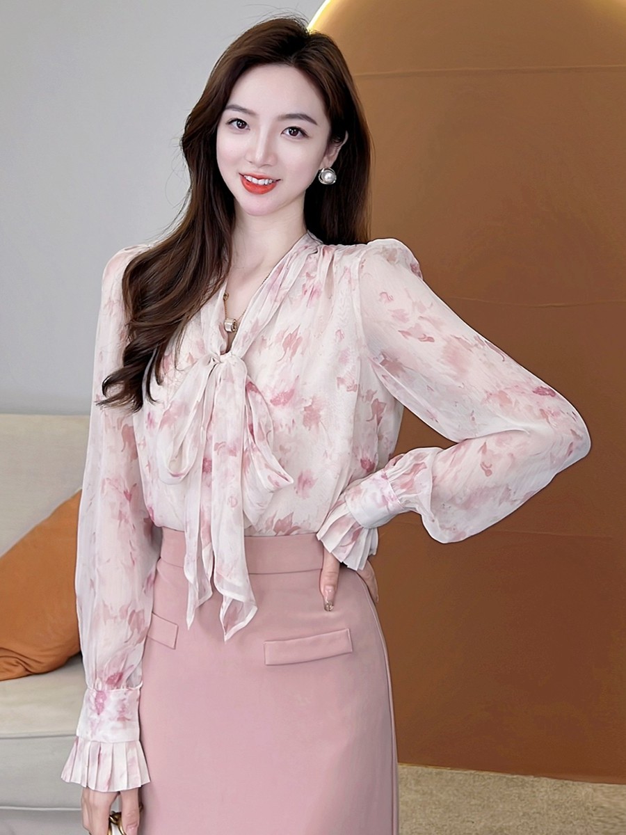 パーティードレス 花柄シフォンボウタイブラウス切替タイトスカートワンピース