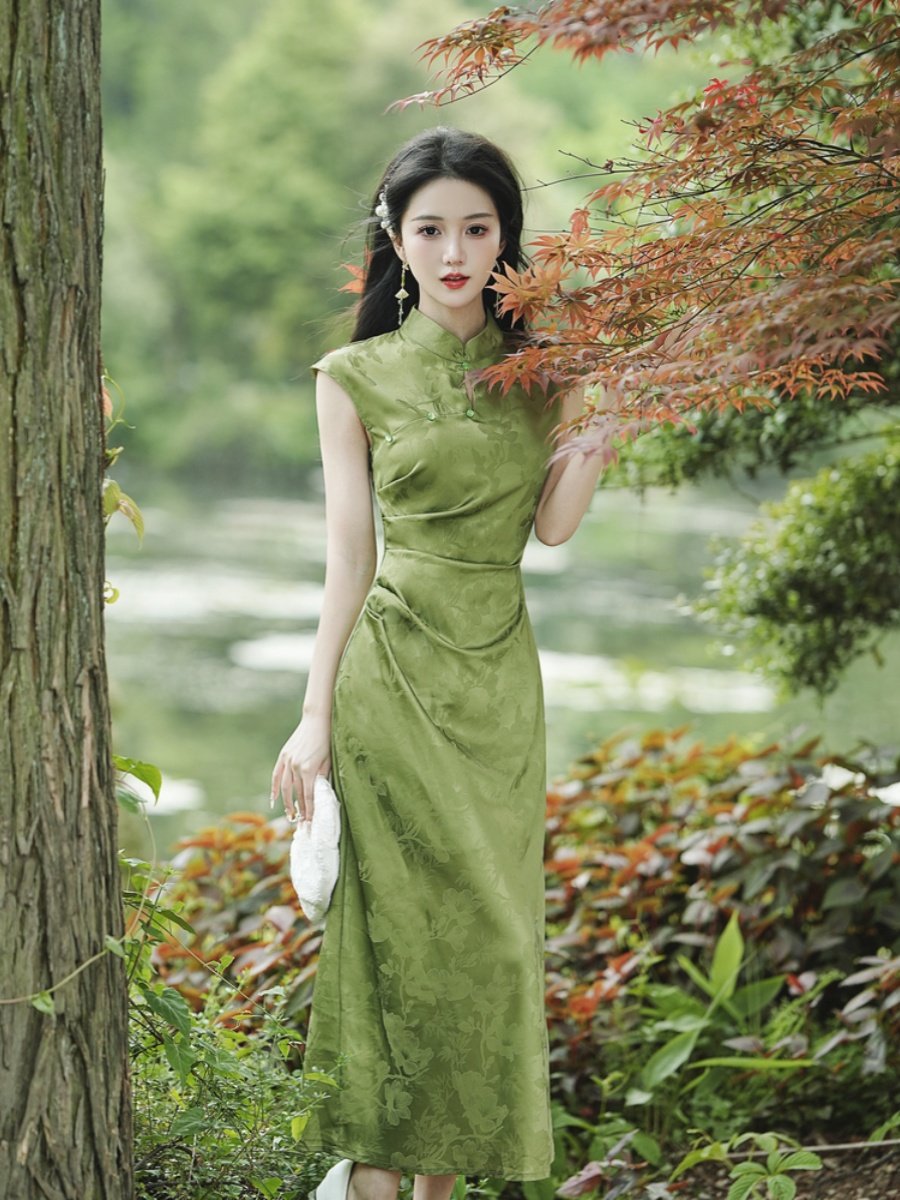 パーティードレス チャイナ風スタンドカラーノースリーブロング丈ワンピース