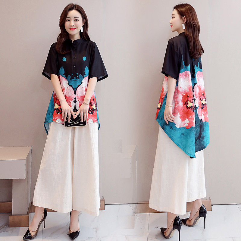 パーティードレス 水彩花柄チャイナ風ブラウスワイドパンツセットアップ