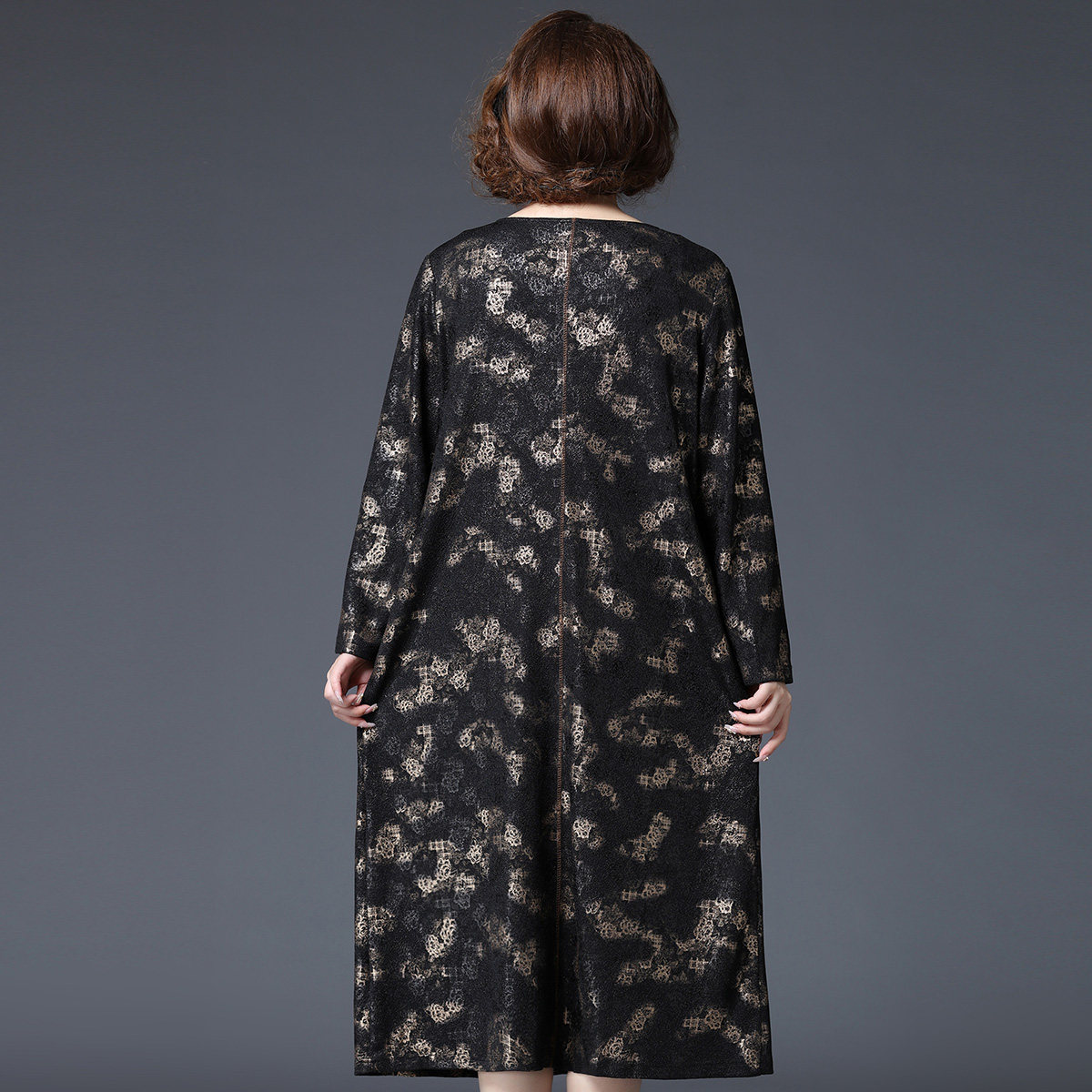 パーティードレス 光沢花柄刺繍長袖膝丈ゆったりシルエットワンピース