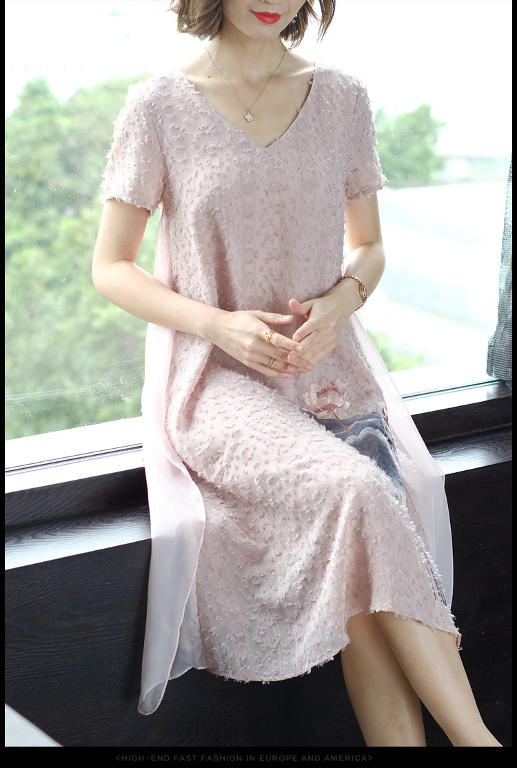 パーティードレス 花鳥刺繍シフォン重ね襟付きワンピース