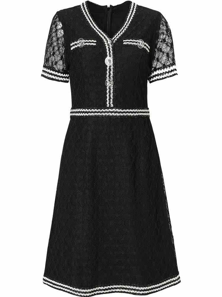 パーティードレス 総レース配色トリミング半袖ワンピース