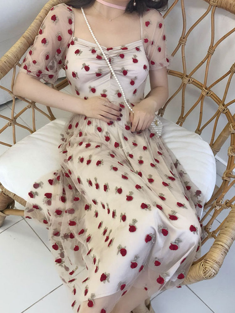 パーティードレス 小花柄刺繍パフスリーブシアーロングワンピース