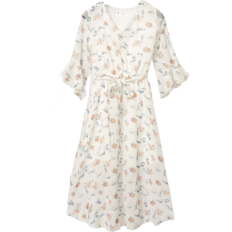 パーティードレス 小花柄シフォンフレア袖ウエストリボンワンピース