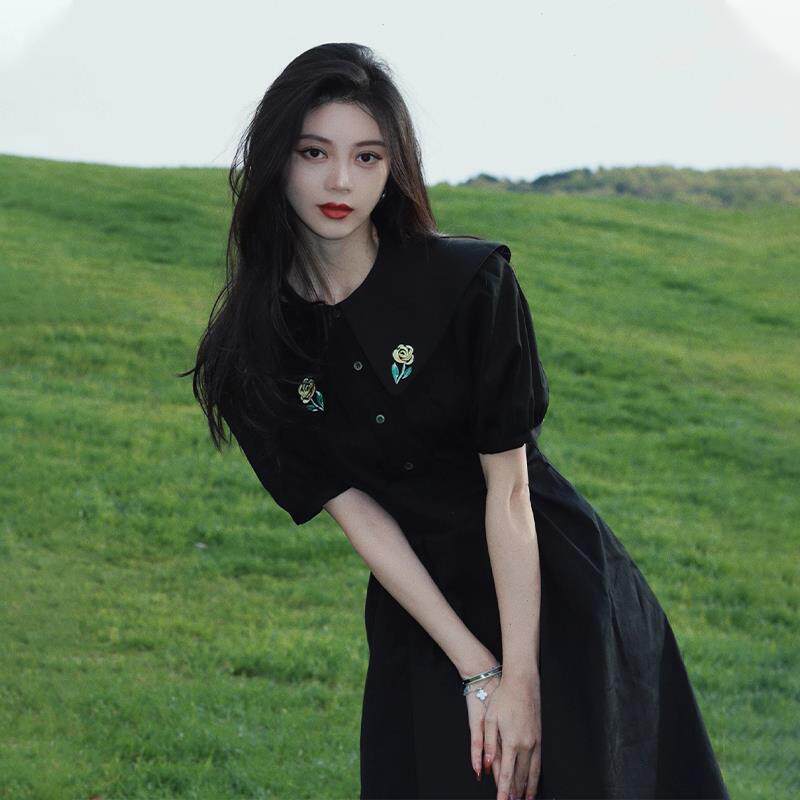 パーティードレス 花刺繍パフスリーブ襟付きフレア丈ワンピース