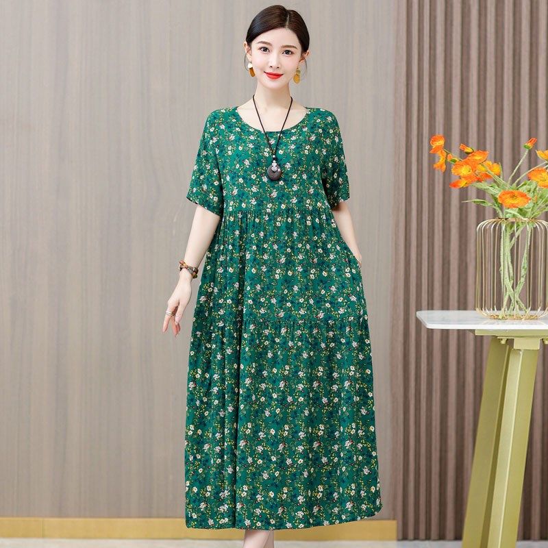 パーティードレス 小花柄丸首半袖ティアード切替ロング丈ワンピース