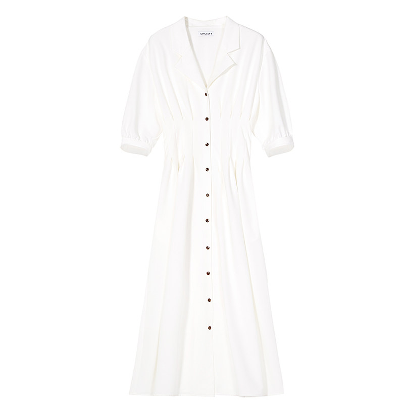 パーティードレス 襟付きシャツ風ウエストギャザーロング丈ワンピース