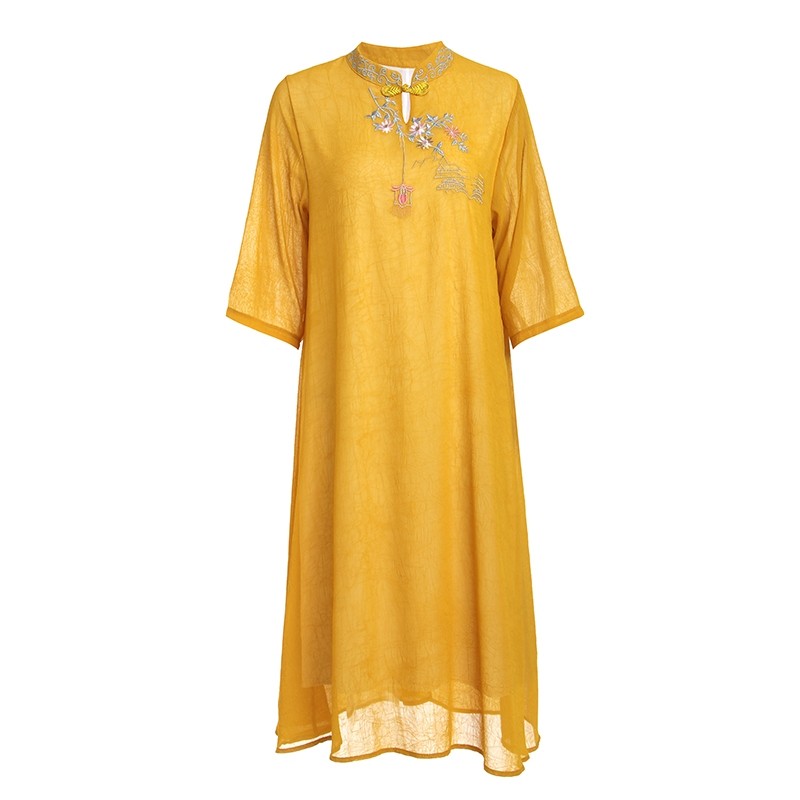 パーティードレス チャイナ風刺繍入りスタンドカラーワンピース