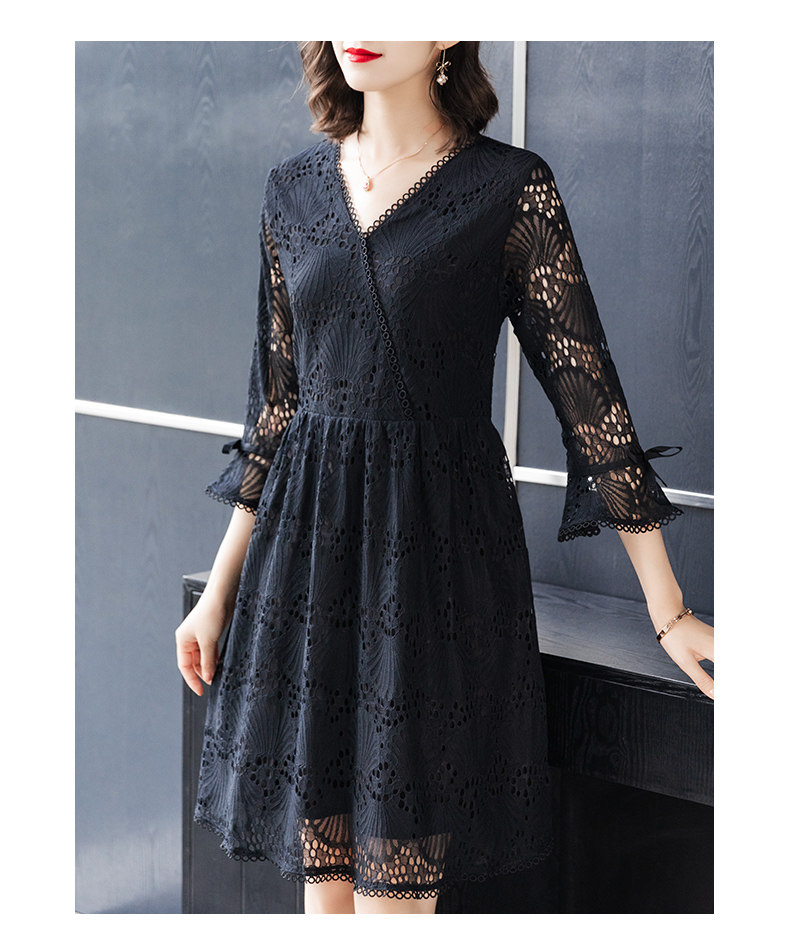 パーティードレス 総レース刺繍フレア袖Vネックワンピース