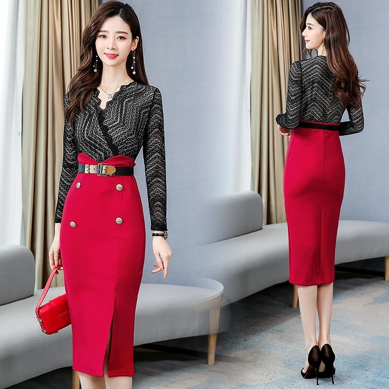 パーティードレス 光沢レース切替タイトスリット入りワンピース