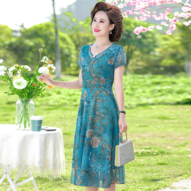 パーティードレス 花柄刺繍レース半袖ミディ丈ワンピース