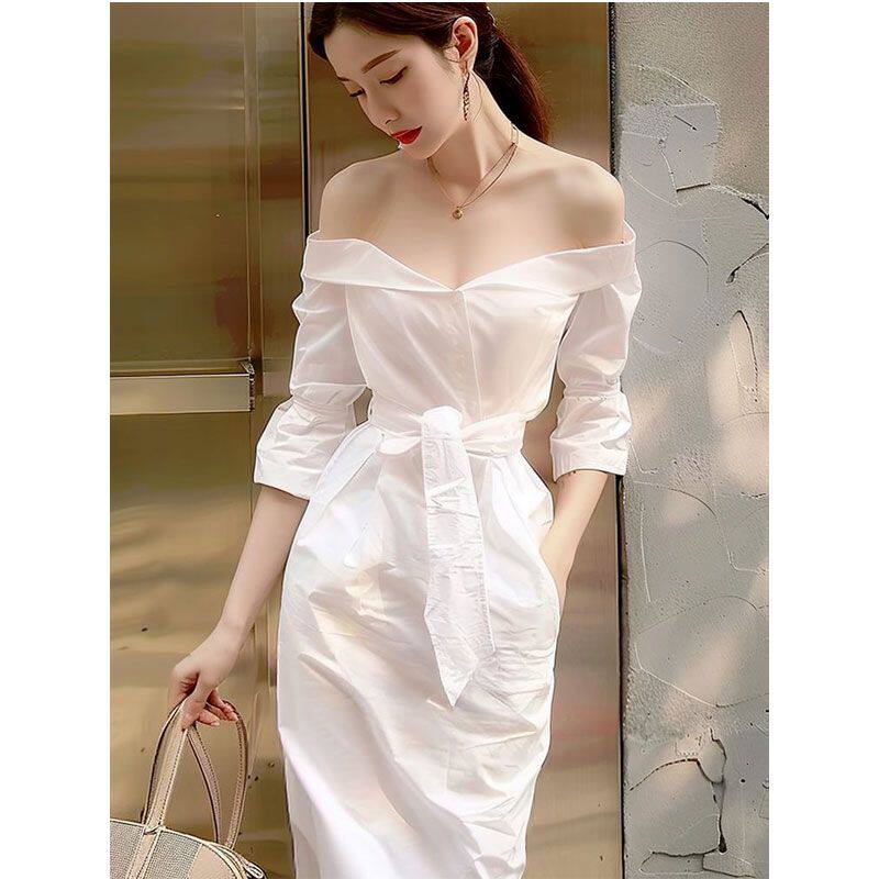 パーティードレス オフショルダー七分袖リボンベルト付きワンピース