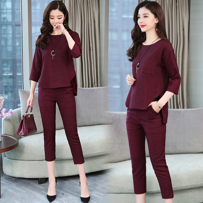 パーティードレス 上品ラメ混七分袖トップスとパンツのセットアップ