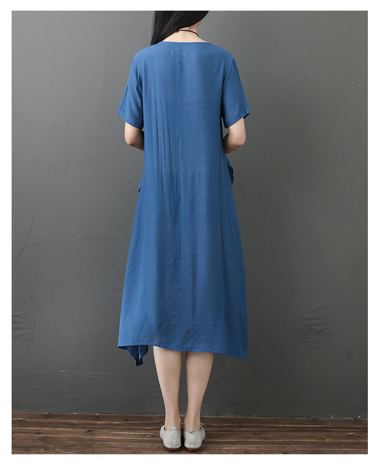 パーティードレス 二重仕立てアシンメトリー裾麻混ゆったりワンピース