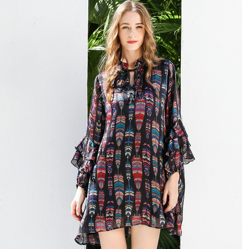 パーティードレス エスニック羽根柄フリル袖シフォンワンピース