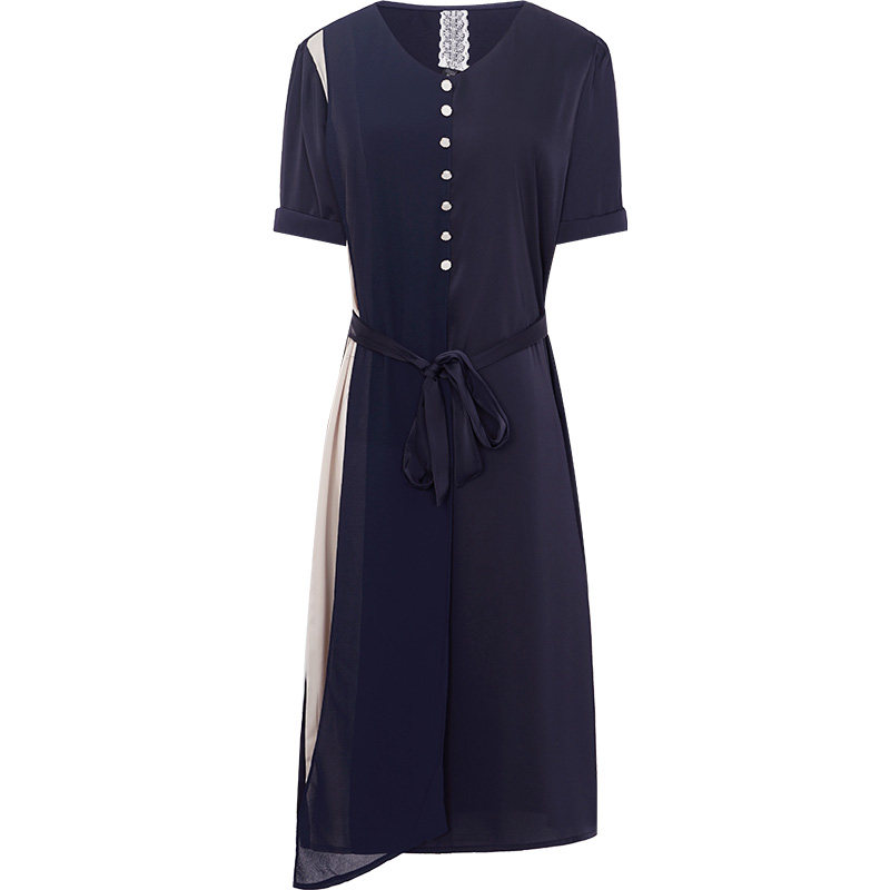 パーティードレス 襟付きボタン飾りウエストリボンミモレ丈大人ワンピース