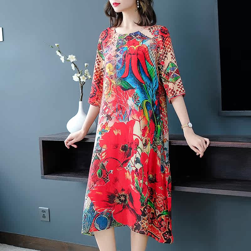 パーティードレス 華やか花柄孔雀羽根模様七分袖膝丈ワンピース