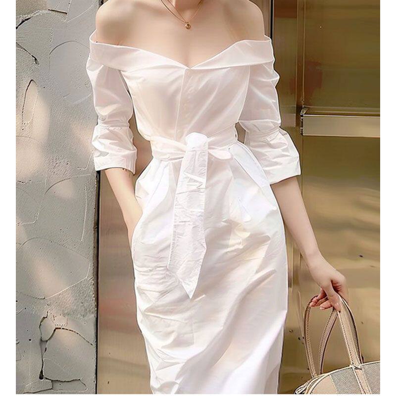 パーティードレス オフショルダー七分袖リボンベルト付きワンピース