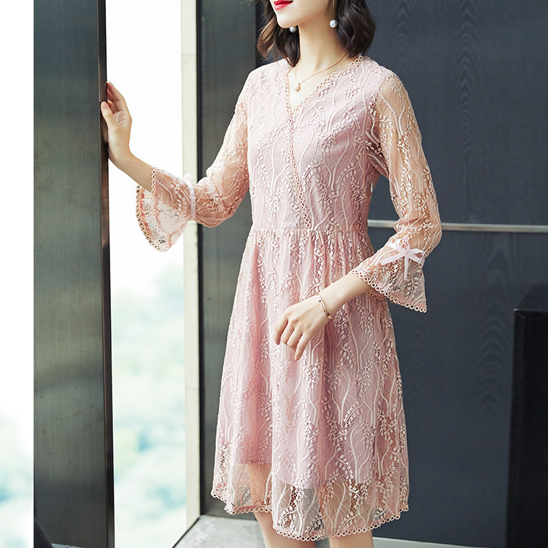 パーティードレス 総レース刺繍フレア袖Vネックワンピース