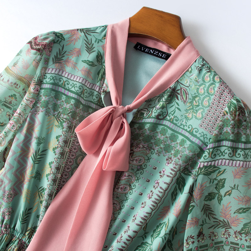 パーティードレス リボンタイ付きボタニカル柄プリーツロングワンピース