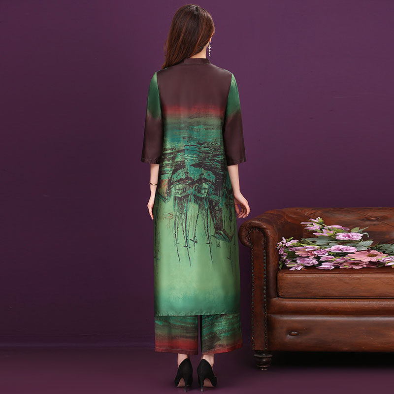 パーティードレス 東洋風景画プリント五分袖ロング丈ワンピース