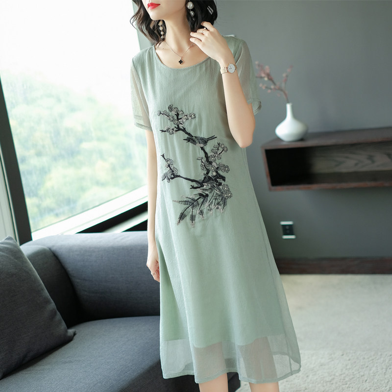 パーティードレス 梅花刺繍入り半袖シフォン膝丈ワンピース