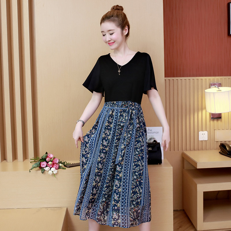 パーティードレス 花柄切替シフォンプリーツミディ丈ワンピース